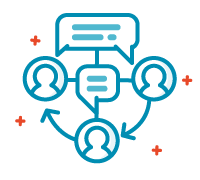 Outline of 3 heads in a circle. Arrows pointing to each head and text bubbles between them